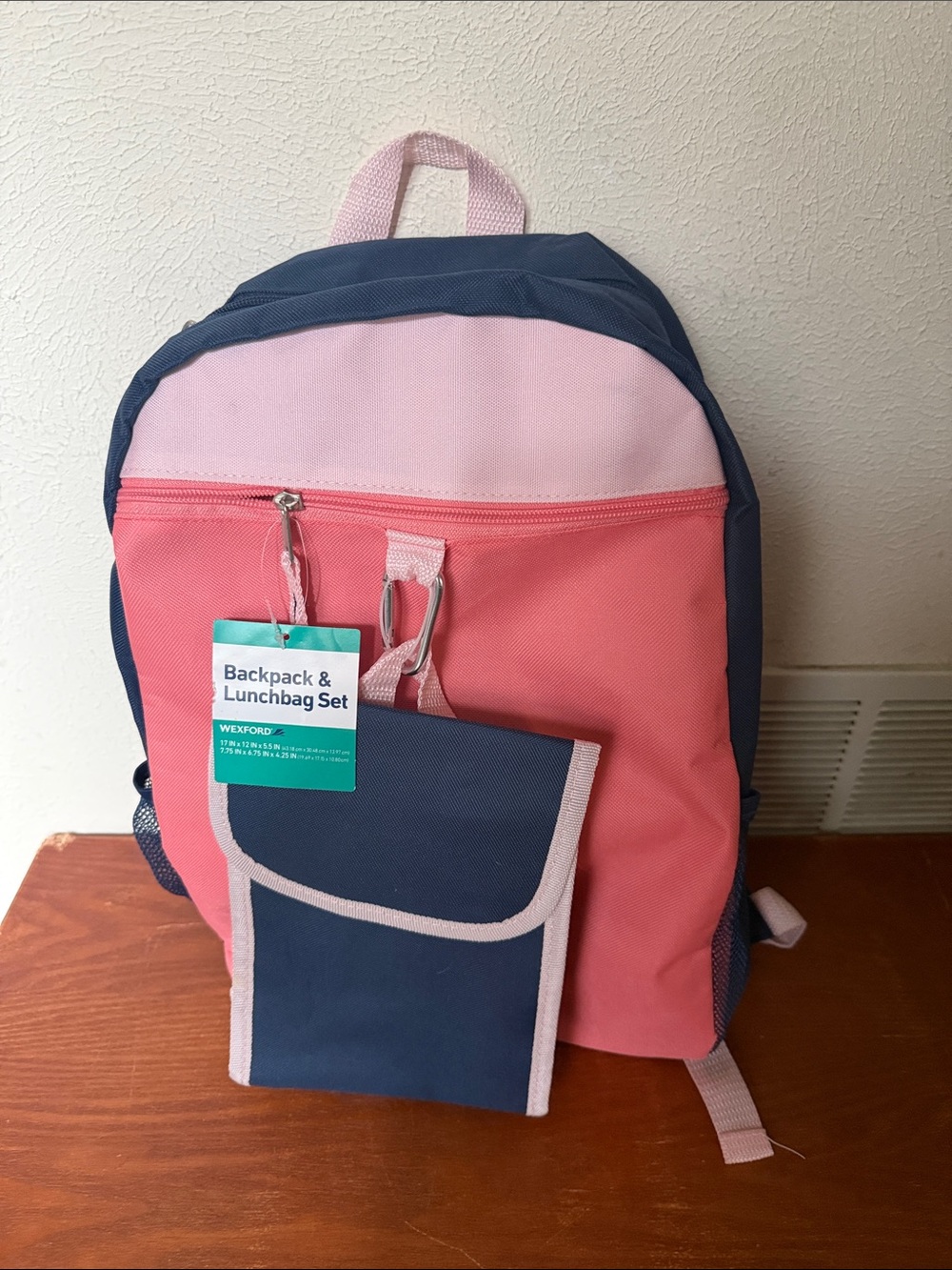Wexford Two-Tone Pink & Navy Backpack with Matching Lunchbag